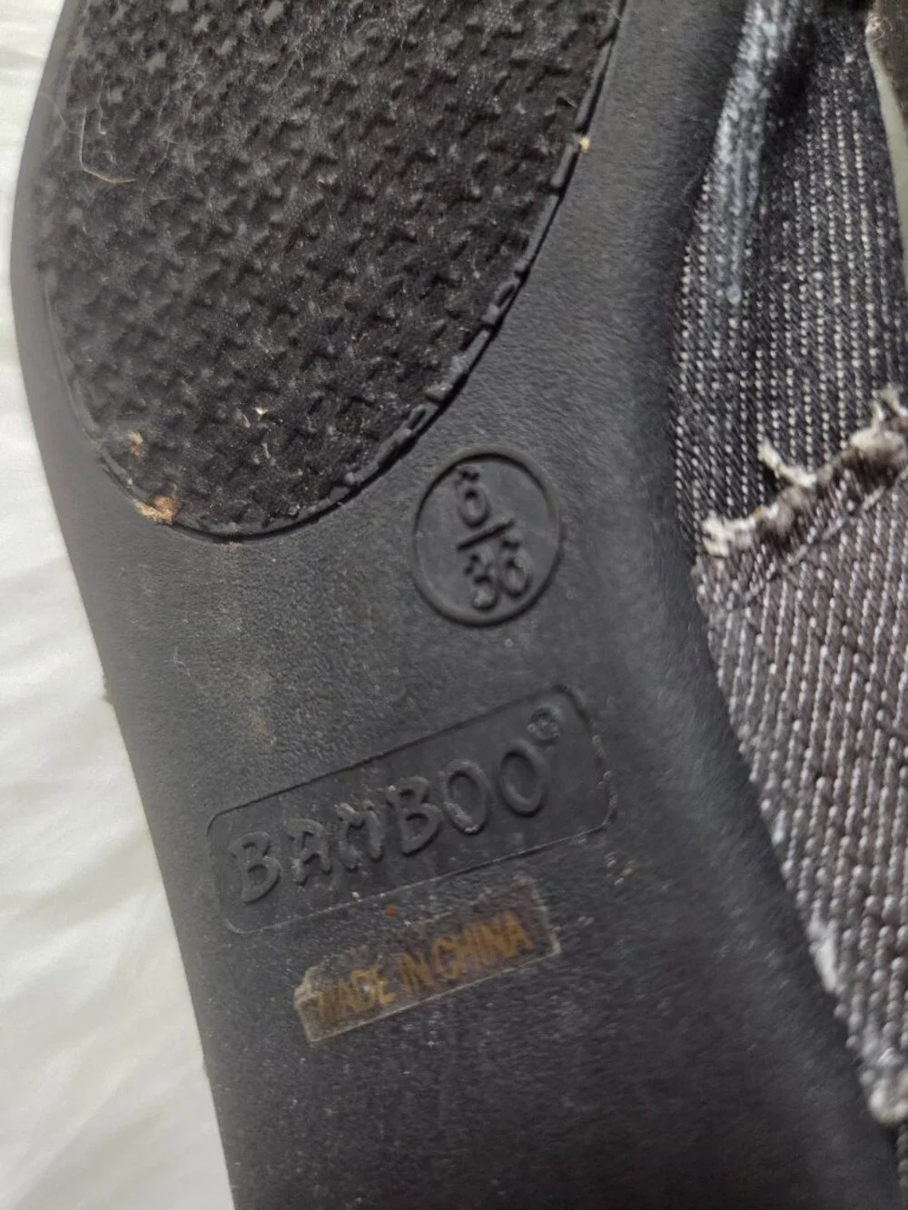Bamboo Distressed Black/Gray Denim Flats